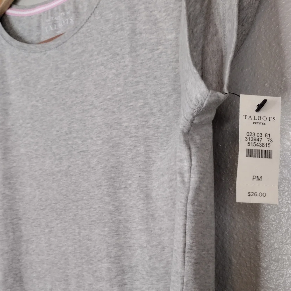 NWT Talbots Petite Women's Cotton Summer Gray Pullover Short Sleeve Tee Size MP